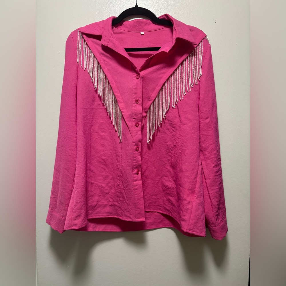 Pink Button-Up Shirt with Rhinestone Detail - Picture 3 of 3